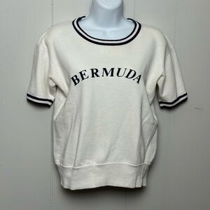 Capital Women’s Short Sleeve Sweatshirt 100% Cotton White/Blue Stripe Hem Sz M